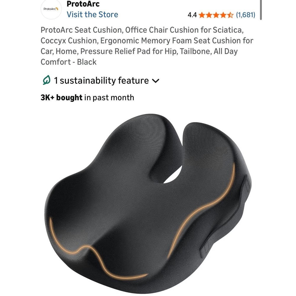 ProtoArc SC Butterfly Ergonomic Seat Cushion Black Memory Foam Sciatica‎ Relief